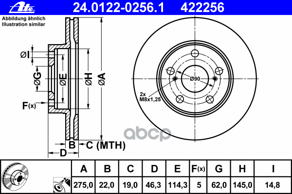 Диск тормозной передн, TOYOTA: AURIS 1.4 VVTi/1.6/1.6 VVTi 06-, COROLLA седан 1.3 VVT-i/1.33/1.4 VVT-i/1.6/1.6 CNG/1.6 Dual VVTi/1.6 VVT-i 06-, COROLLA седан 1.6 0 Ate арт. 24.0122-0256.1