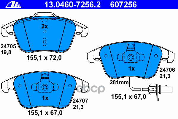 Колодки тормозные дисковые передн, AUDI: A4 1.8 TFSI/1.8 TFSI quattro/2.0 TDI/2.0 TDI quattro/2.0 TFSI/2.0 TFSI flexible fuel/2.0 TFSI flexible fuel quattro/2.0 TFSI quattro/2 Ate арт. 13.0460-7256.2