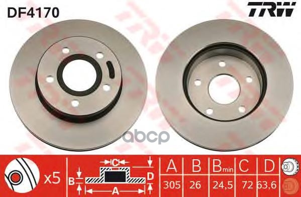 Диск тормозной передн JEEP: CHEROKEE 88-, GRAND CHEROKEE II 99-, GRAND CHEROKEE III 05- TRW арт. DF4170