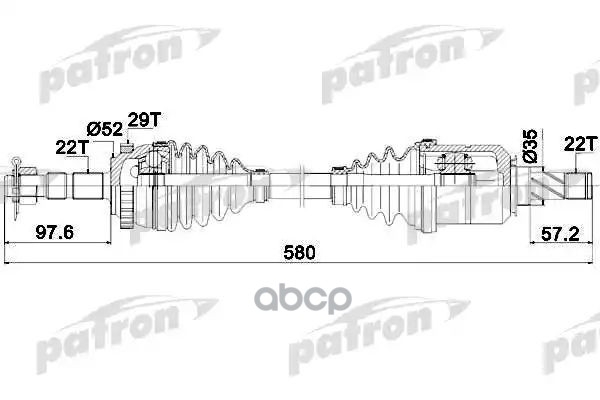 Полуось передняя левая 22x580x52x22 ABS: 29T OPEL: COMBO TOUR 01-, COMBO ФУРГОН/УНИВЕРСАЛ 01-, CORSA C 00-, CORSA C ФУРГОН 00-, TIGRA TWINTOP 04- PATRON арт. PDS0347