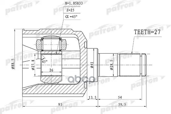 ШРУС внутренний 27x41x25 HYUNDAI SANTA FE (BB) 00-06 PATRON арт. PCV1160