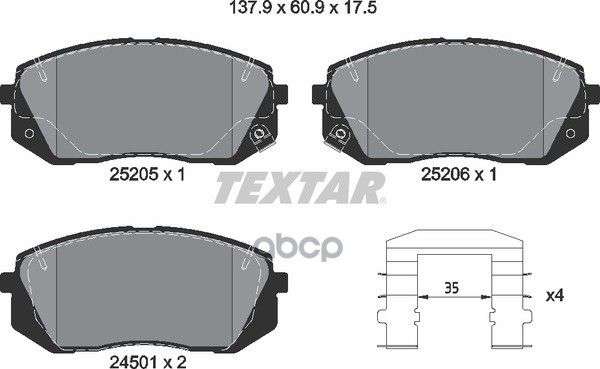 Колодки тормозные дисковые HYUNDAI: i40 1.6 GDI/1.7 CRDi/2.0 GDI 12-, i40 CW 1.6 GDI/1.7 CRDi/2.0 GDI 11-, ix35 1.6/1.7 CRDi/2.0/2.0 4WD/2.0 CRDi/2.0 CRDi 4WD/2.0 CVVT 4WD/2.0 F Textar арт. 2520501