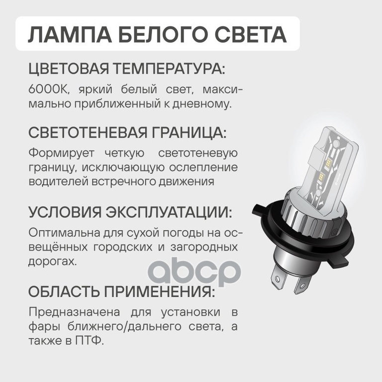 Лампа светодиод. H4, 12/24В, 50Вт, 6500К (Белый), 6800Лм, для рефлект. оптики, 2 шт., LED LENS (AEAR AIRLINE арт. AEAR124