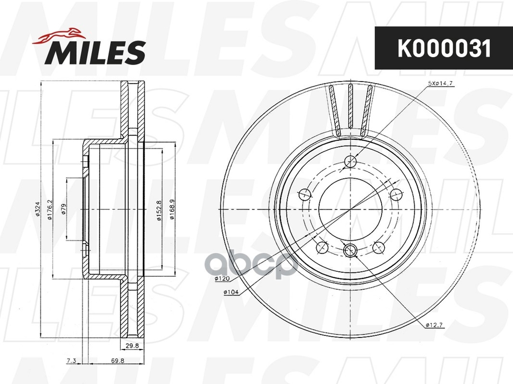 Диск тормозной BMW E60/61 2.0-3.0 03- передний вент. Miles арт. K000031