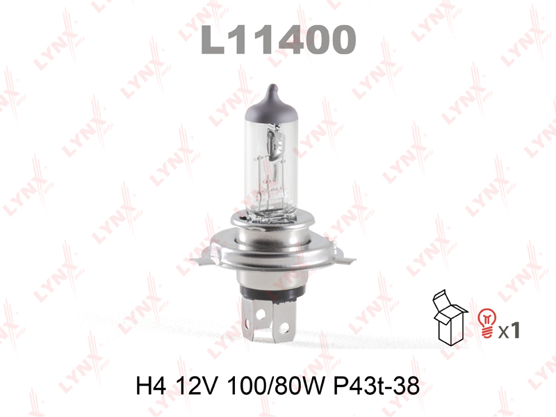Лампа галогенная LYNXauto L11400 H4 12V 100/80W P43T-38