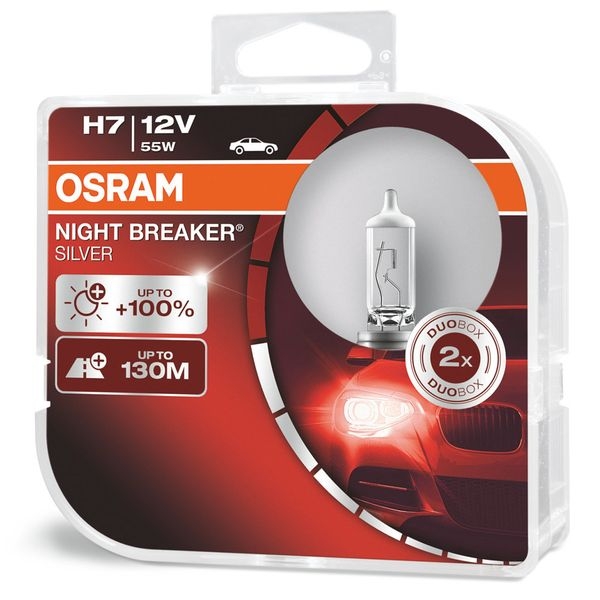 Лампа галогенная H7 12V 55W OSRAM Night breaker Silver +100% света 2 шт 64210NBSHCB