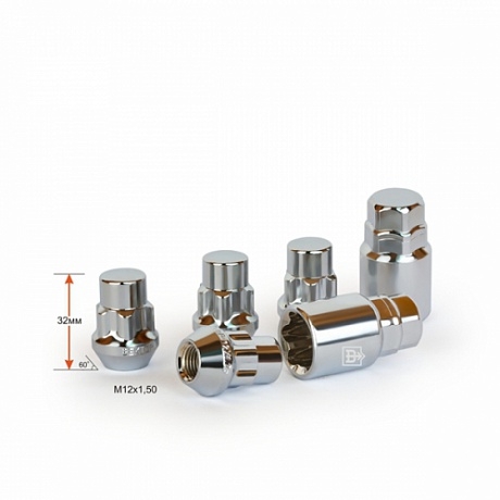 Гайка колесная M12*32*1,5 секретная конус с буртом закрытая 5лучей 2 ключа