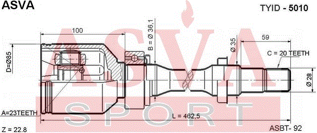 ШРУС внутренний Перед Прав Toyota RAV 4 II 1.8i/2.0i 95-05/Caldina 1.6i/2.0i 92-07 ASVA tyid5010