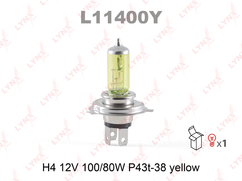 Лампа H4 LYNXauto L11400Y 12V 100/80W P43T-38 YELLOW 