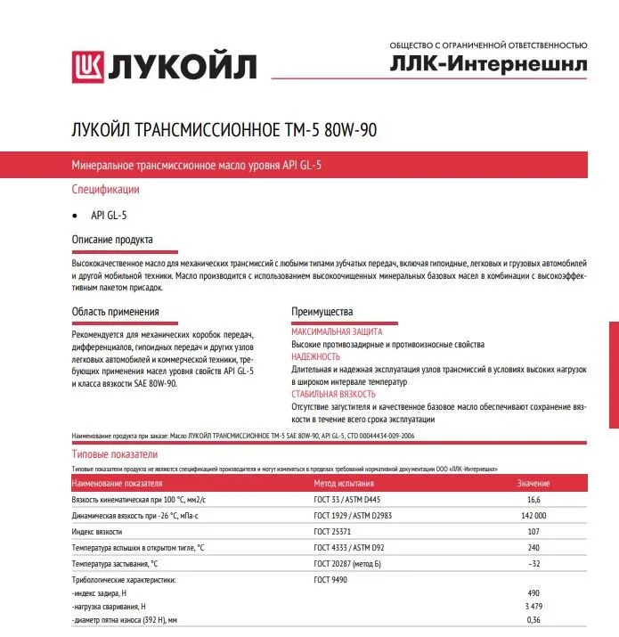Трансмиссионное масло Лукойл 80W-90 ТМ-5 API GL-5 4л