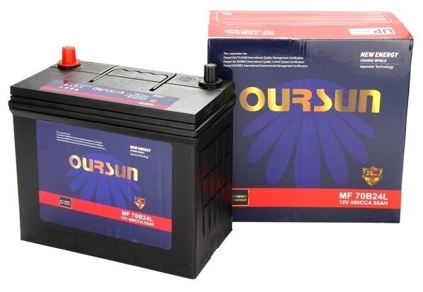 Аккумулятор OURSUN JIS MF 70B24L 12V 55Ah 480A 128x237x221 обратная полярность (-/+)